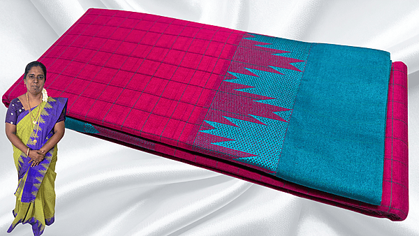 Pure Chettinadu Cotton Temple Checks Saree - Pink & Aqua