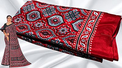 Crape Silk Ajrakh Pattern Saree - Red Crape Silk Ajrakh Pattern Saree - Red