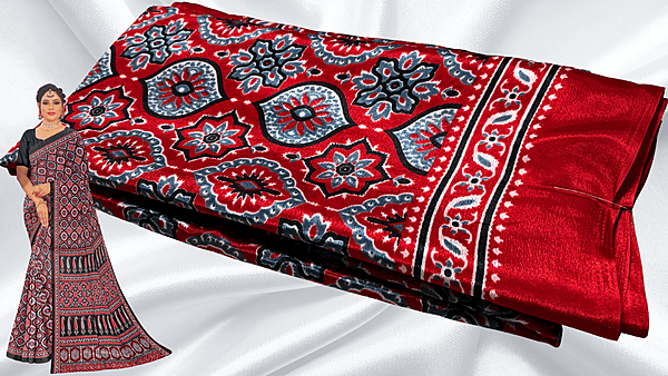 Crape Silk Ajrakh Pattern Saree - Red