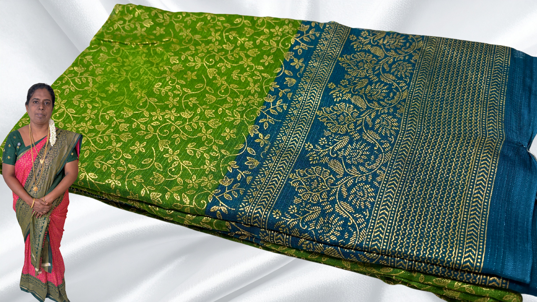 Good Day Gold Foil Vines Saree - Leaf Green Good Day Gold Foil Vines Saree - Leaf Green
