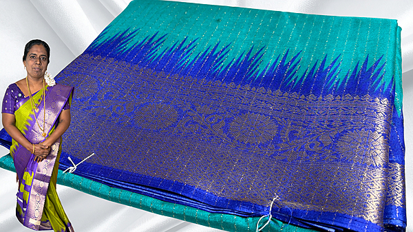 Kamatchi Soft Jari Line Temple Saree - Blueish Green