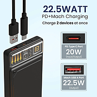 Portronics Luxcell C 10K mAh 22.5W Fast Charging Power Bank, Ultra Slim Power Bank with Mach USB-A Output, Type C PD Output, Type C Input, LED Indicator, Wake Up Button (Black)