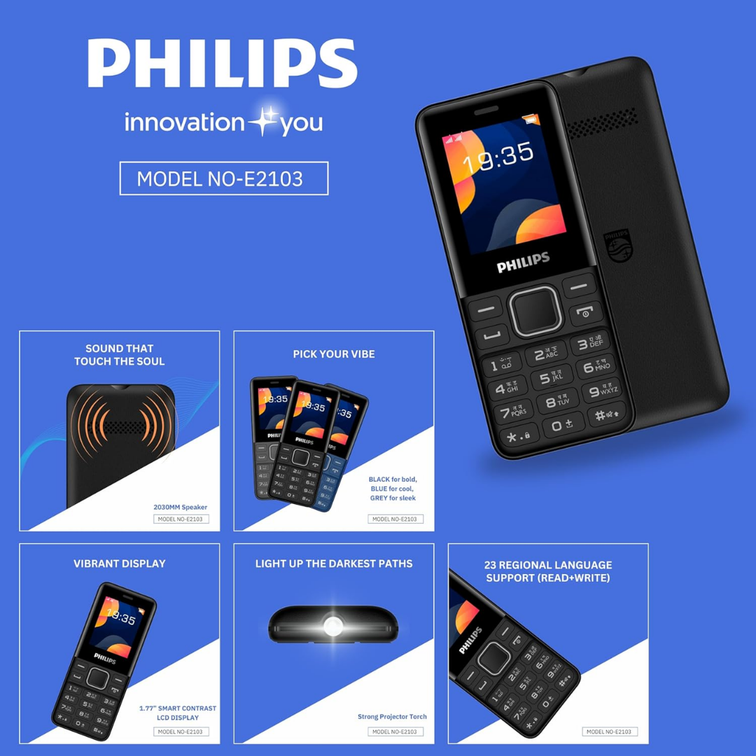 Philips All-New E2103 Sleek & Stylish |Keypad Mobile with 1.77" Screen|1000 MAH Battery | 2030mm Speaker| Wireless FM | Bright Torch