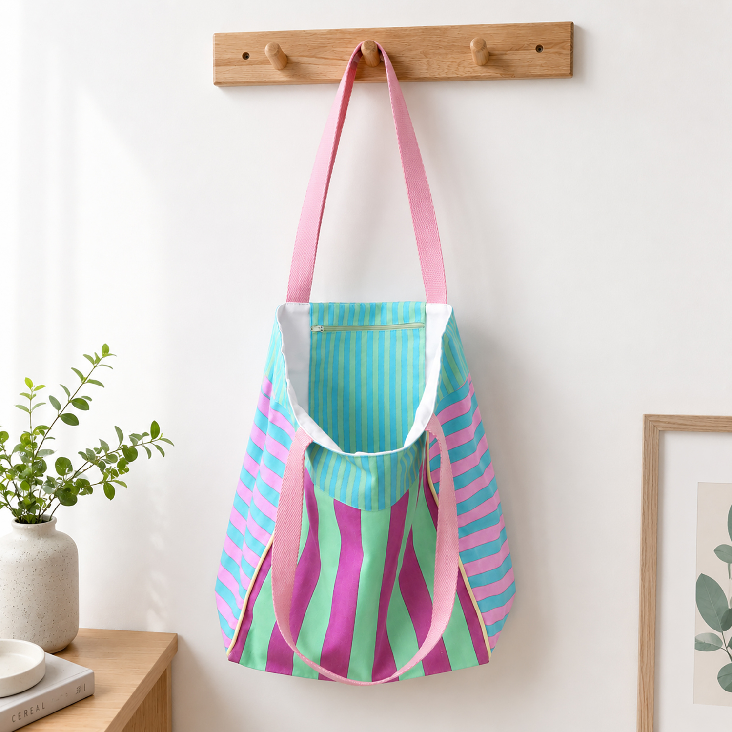Stylish Striped Tote Bag with Inner Pocket - Pink and Blue Combo