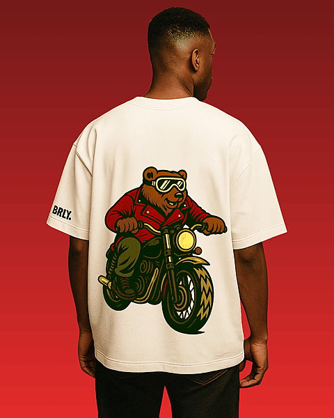 Unisex Off-White Biker Bear Graphic Printed Oversized Tee
