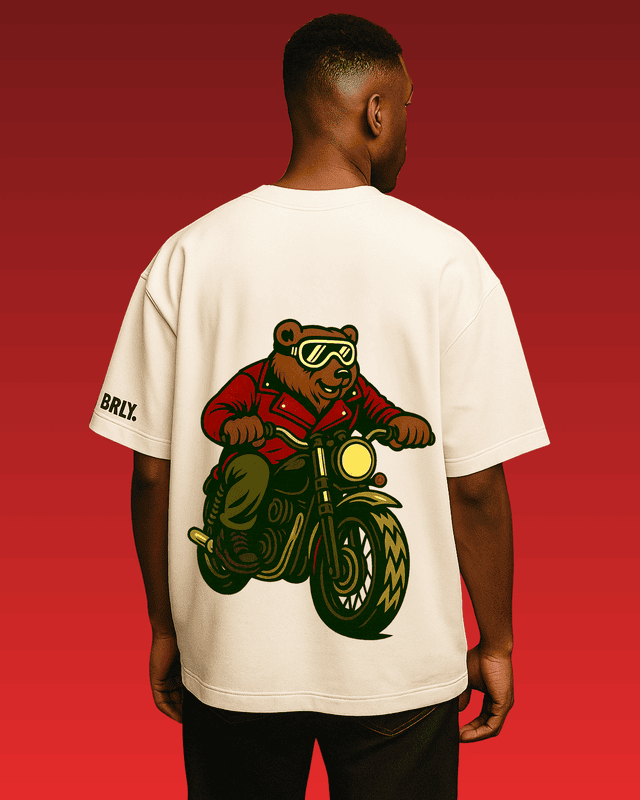 Unisex Off-White Biker Bear Graphic Printed Oversized Tee