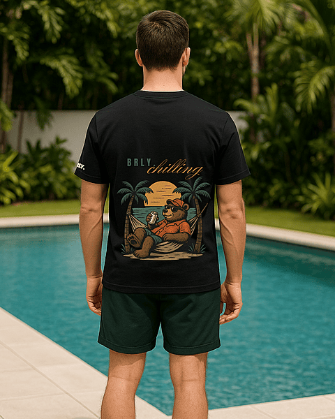 Unisex Black Beach Bear Graphic Printed Crew Neck Tee