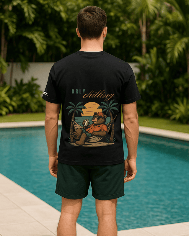 Unisex Black Beach Bear Graphic Printed Crew Neck Tee