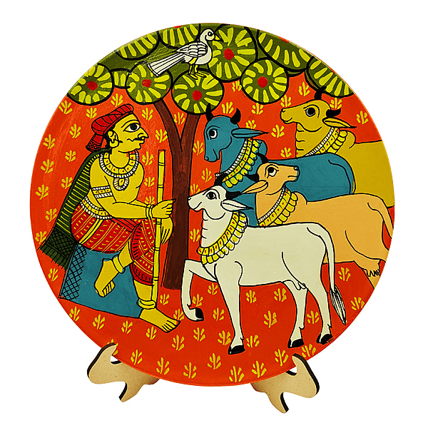 Cherial Cowherd Sitting With Cattle Painting  Telangana Folk Art Wall Plate