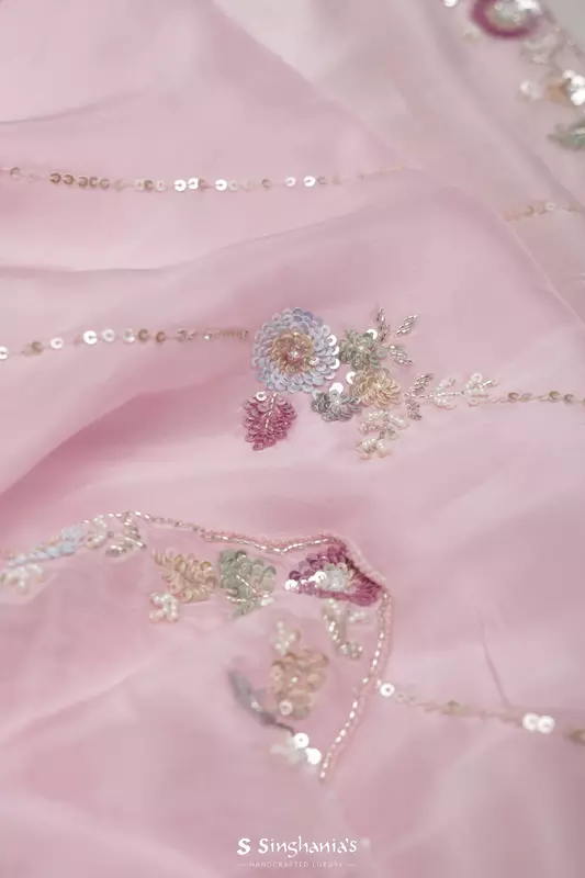 Taffy Pink Tissue Organza Saree Hand Embroidery