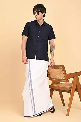 Men’s 100% Cotton Double-Layer White Veshti with Fancy Border
