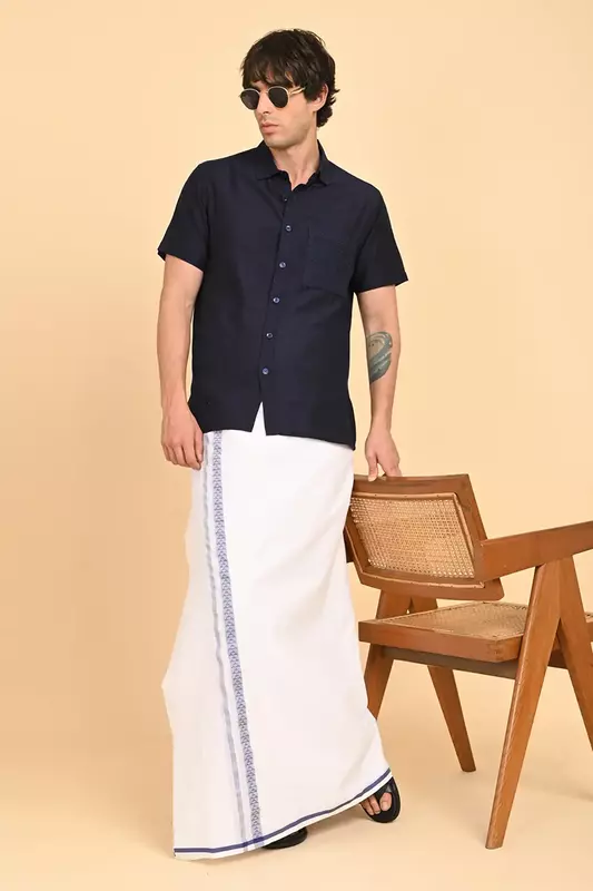 Men’s 100% Cotton Double-Layer White Veshti with Fancy Border