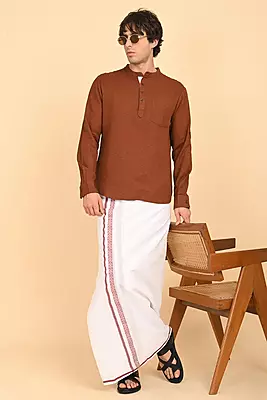 Men’s 100% Cotton Double-Layer White Veshti with Fancy Border