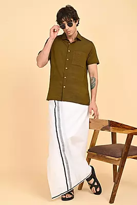 Men’s 100% Cotton Double-Layer White Veshti with Fancy Border