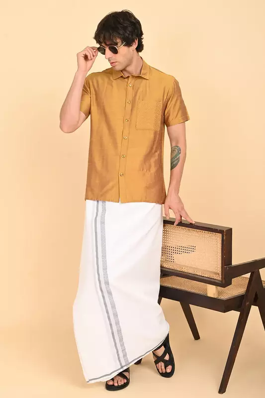Men’s 100% Cotton Double-Layer White Veshti with Fancy Border
