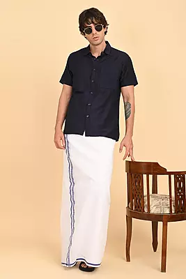 Men’s 100% Cotton Double-Layer White Veshti with Fancy Border