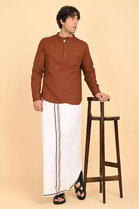 Men’s 100% Cotton Double-Layer White Veshti with Fancy Border