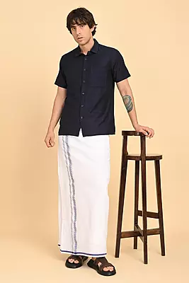Men’s 100% Cotton Readymade Double-Layer White Veshti with Fancy Border