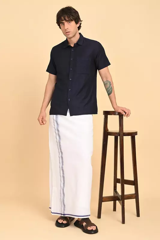 Men’s 100% Cotton Readymade Double-Layer White Veshti with Fancy Border
