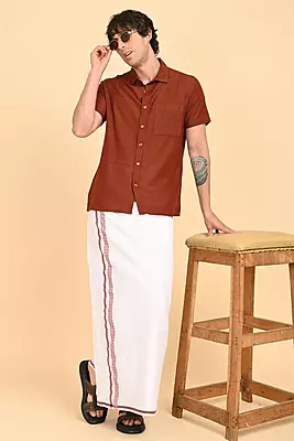 Men’s 100% Cotton Readymade Double-Layer White Veshti with Fancy Border