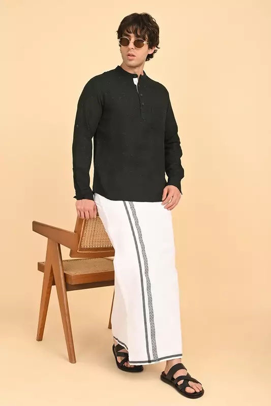 Men’s 100% Cotton Readymade Double-Layer White Veshti with Fancy Border