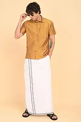 Men’s 100% Cotton Readymade Double-Layer White Veshti with Fancy Border