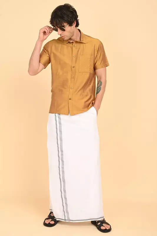 Men’s 100% Cotton Readymade Double-Layer White Veshti with Fancy Border