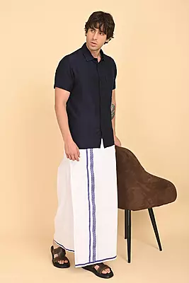 Men’s 100% Cotton Readymade Double-Layer White Veshti with Fancy Border