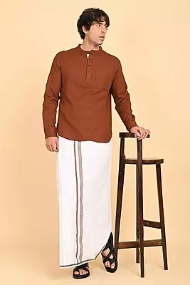 Men’s 100% Cotton Readymade Double-Layer White Veshti with Fancy Border