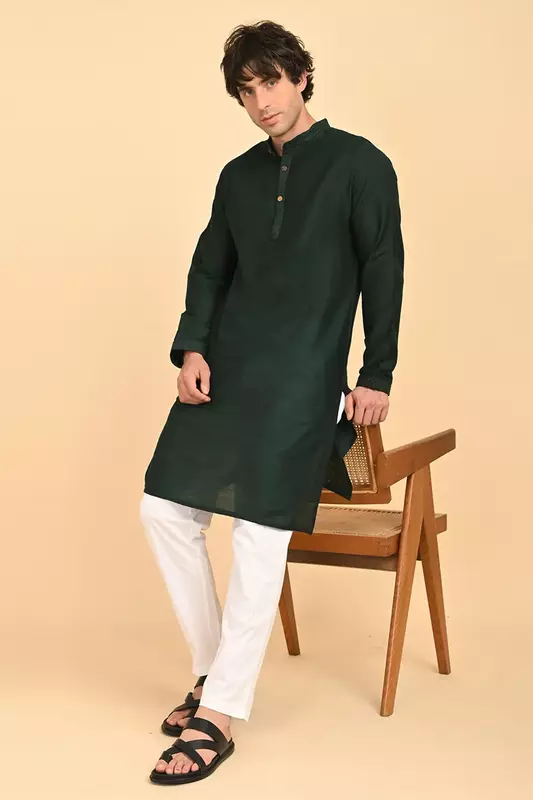 Men Ethnic Embroidered Long Kurta - Green
