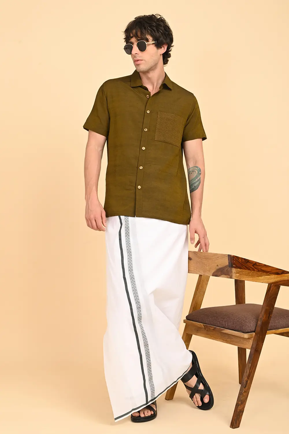 Men Short Sleeve Ethnic Shirt - Green