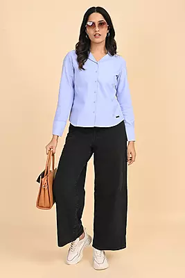 Women Notched Collar Shirt - Blue Chambrey