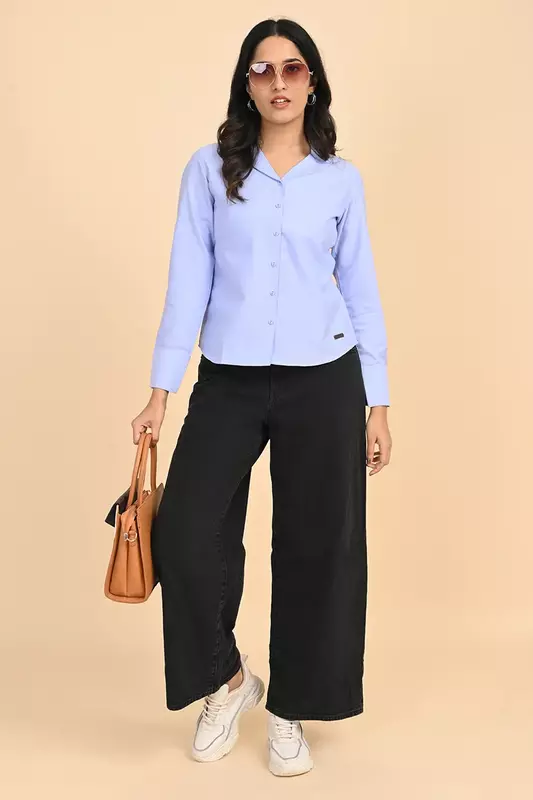 Women Notched Collar Shirt - Blue Chambrey