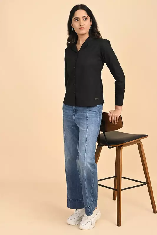 Women Notched Collar Shirt - Black