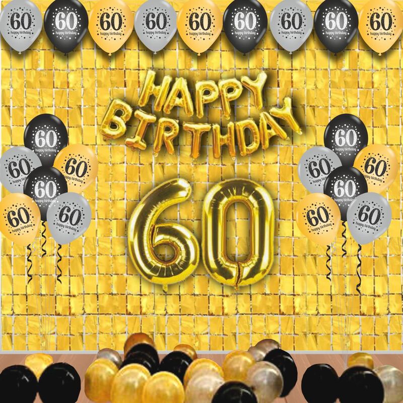 The Magic Balloons -Happy 60th Birthday Balloons, Happy Birthday Banner Black, Golden Curtain, Magic Candle & Balloon pump