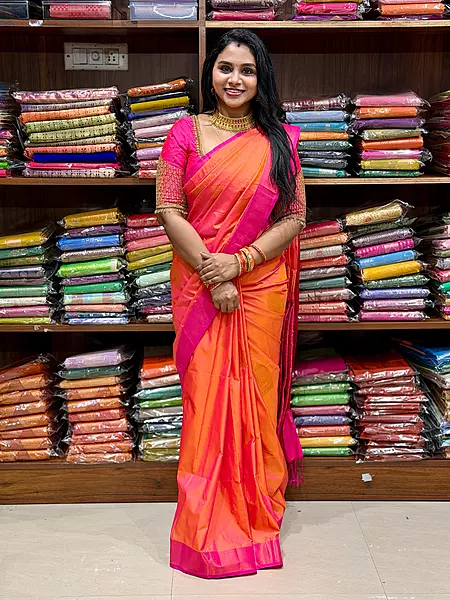 Premium Soft Silk Saree – Peach Orange & Rani Pink Rich Zari Border Saree