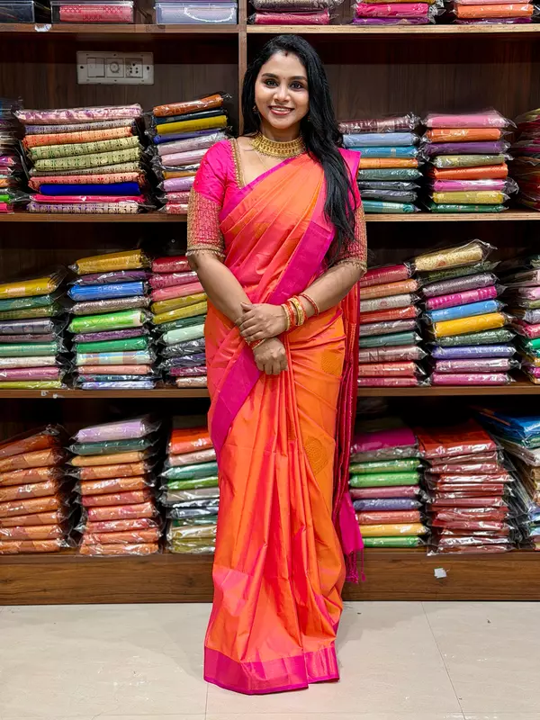 Premium Soft Silk Saree – Peach Orange & Rani Pink Rich Zari Border Saree