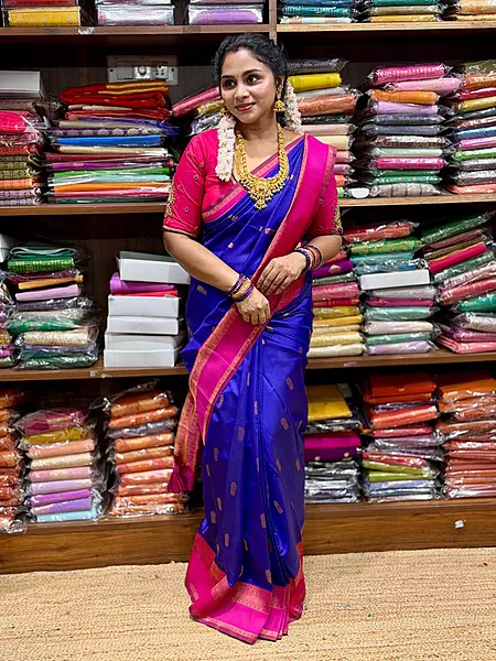 Kanchi Semi Silk Saree – Royal Blue & Rani Pink Traditional Zari Border Saree