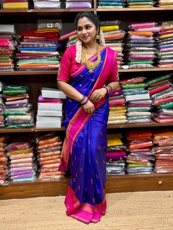 Kanchi Semi Silk Saree – Royal Blue & Rani Pink Traditional Zari Border Saree