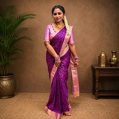 Premium Soft Silk Saree – Royal Purple with Elegant Pink Zari Border | Festive & Wedding Wear
