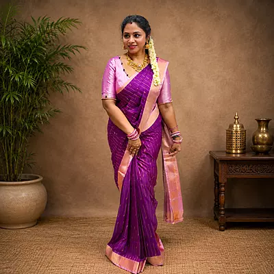 Premium Soft Silk Saree – Royal Purple with Elegant Pink Zari Border | Festive & Wedding Wear