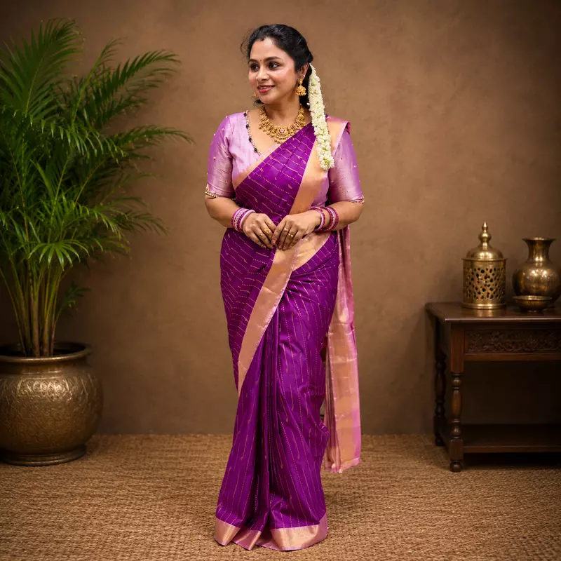 Premium Soft Silk Saree – Royal Purple with Elegant Pink Zari Border | Festive & Wedding Wear
