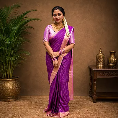 Premium Soft Silk Saree – Royal Purple with Elegant Pink Zari Border | Festive & Wedding Wear
