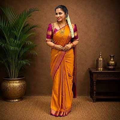 Premium Soft Silk Saree – Mustard Yellow with Magenta Zari Border | Elegant Traditional Wear