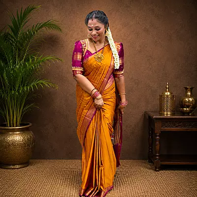 Premium Soft Silk Saree – Mustard Yellow with Magenta Zari Border | Elegant Traditional Wear