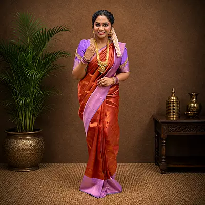 Premium Soft Silk Saree – Copper Orange with Lavender Border | Elegant Traditional Wear