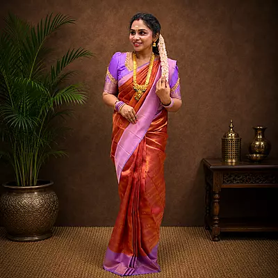 Premium Soft Silk Saree – Copper Orange with Lavender Border | Elegant Traditional Wear