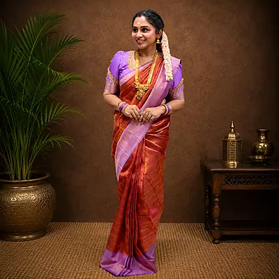 Premium Soft Silk Saree – Copper Orange with Lavender Border | Elegant Traditional Wear