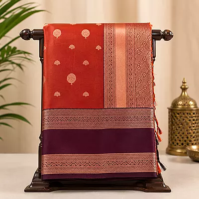 Premium Soft Silk Saree – Copper Orange with Deep Wine Zari Border | Traditional Wedding Wear
