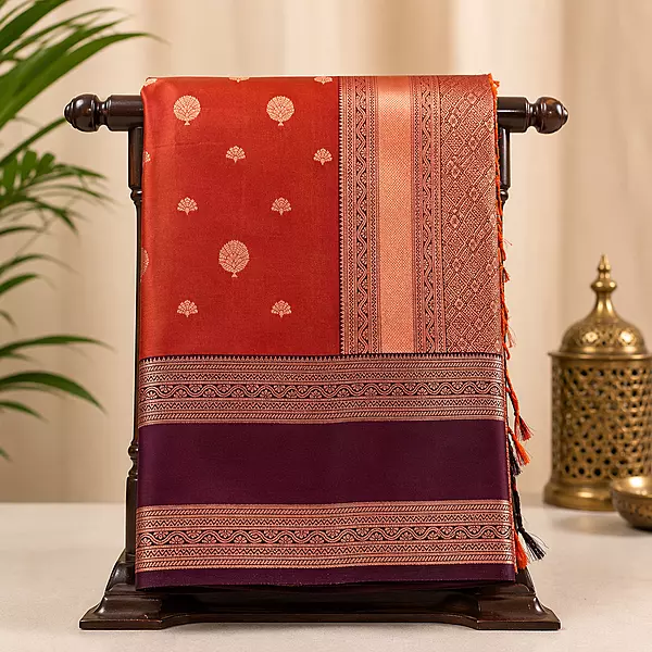 Premium Soft Silk Saree – Copper Orange with Deep Wine Zari Border | Traditional Wedding Wear